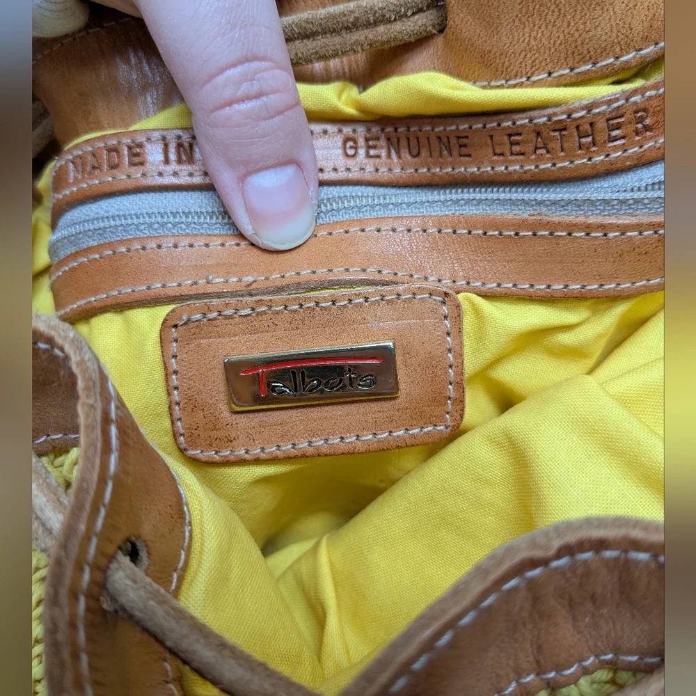 VTG Talbots Yellow Boho Woven Crochet Leather Drawstring Small Bucket Handbag